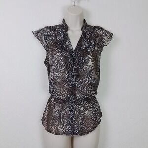 True Y2K ALYX Peplum Blouse‎ Sz S Brown Feather Design Sheer Sleeveless Ruffle